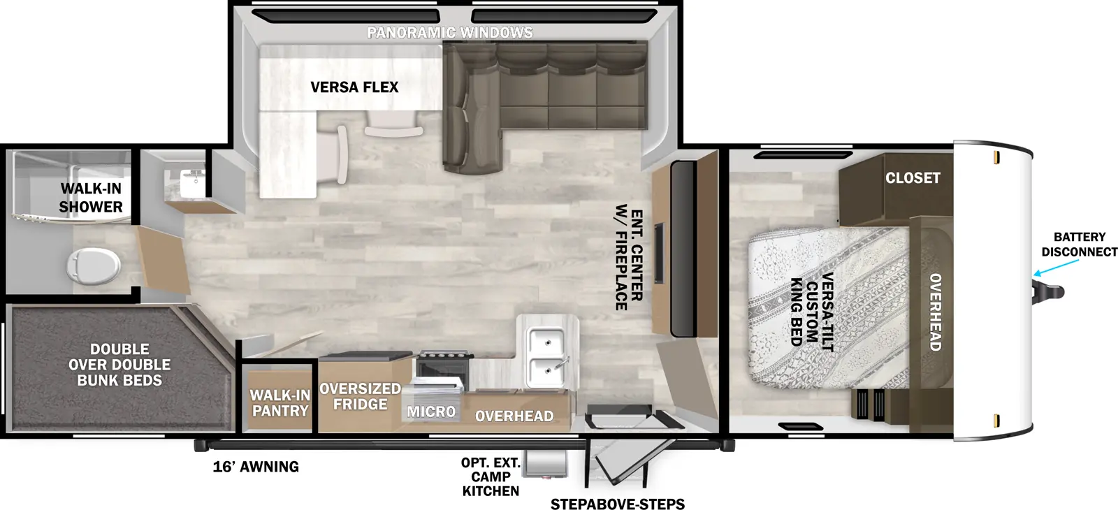 The Salem 28DBUD has one entry and one slide out. Exterior features include: metal or fiberglass exterior, 18' awning and outside kitchen. Interiors features include: bunk beds and front bedroom.